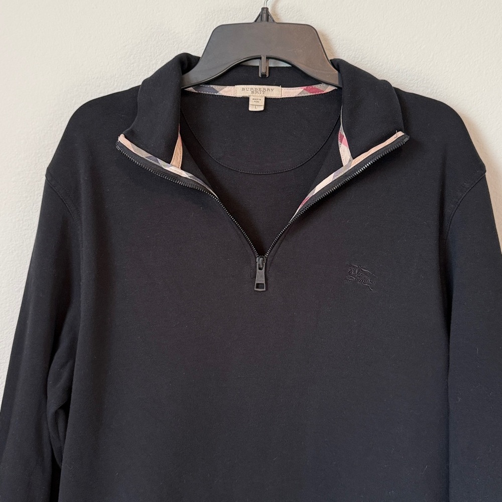 Burberry Brit Admiral Black Quarter Zip-Up Sweater Classic Tartan Hem Size Large